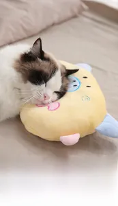 Detail eines gelben Plüschkissens mit Schweinchen-Muster für Hunde und Katzen Schlaf