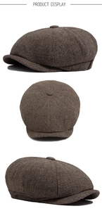 Detailed views of a brown herringbone newsboy cap showing textured fabric and pattern