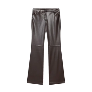 Women's dark brown faux leather high waisted flare pants with knee stitching details