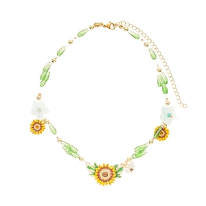 Golden sunflower and bee necklace with yellow beads and green charms for summer vacation