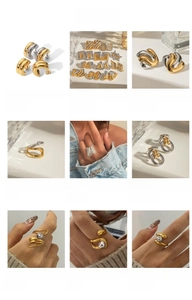 Collection of gold and silver two-tone stainless steel floral rings and hoop earrings