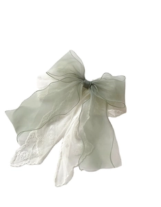 Elegant large double-layer mesh lace bow hair clip with ribbons in sage green and white