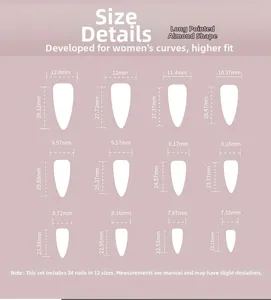 Size chart for long pointed almond fake nails featuring 12 precise dimensions in mm