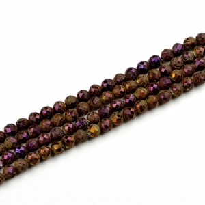 Detailed view of 10mm faceted agate beads with metallic iridescent bronze and purple finish