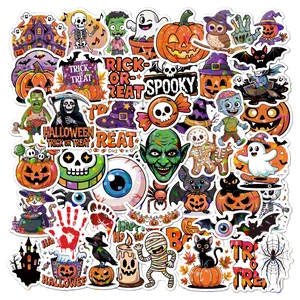 Macro view of laser-textured Halloween stickers with ghosts, pumpkins and spooky motifs