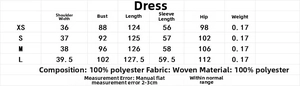 Detailed size chart for the elegant satin geometric print shirt dress with fabric info