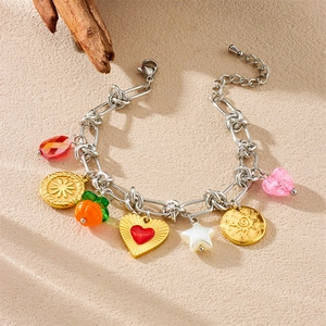Silver stainless steel bracelet with golden sun hearts and colorful resin charms