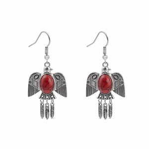 Bohemian silver earrings with red stone inlay and delicate eagle feather tassels