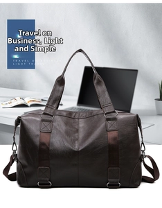 Close-up of matte dark brown PU leather travel bag with reinforced straps and handles