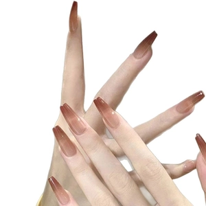 Long ballerina press-on nails with dark coffee gradient and glossy jelly finish