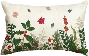 Linen Christmas pillow case with holly berries and poinsettia print for sofa decor
