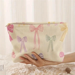 Bow Print Corduroy Makeup Bag For Women Cute Lightweight Cosmetic Storage Case With Zipper Travel Portable Organizer