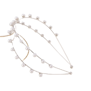 Elegant double row pearl headband with silver metal wire frame on white background