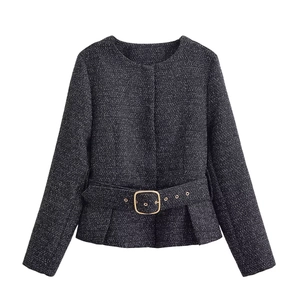 Elegant black tweed jacket for women featuring a waist belt and gold metallic buttons