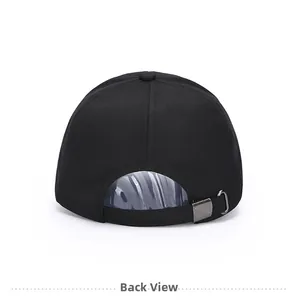Back view of classic black baseball cap featuring adjustable silver metal buckle strap