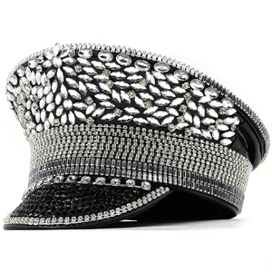 Luxury Sparkling Rhinestone Military Captain Hat With Crystal Embellishments And Silver Chain Stage Performance Party Headwear