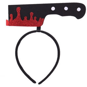 Detail of Halloween headband with a black felt bloody cleaver and red glitter blood accents