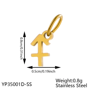 Macro view of Sagittarius zodiac charm in gold-plated stainless steel with dimensions
