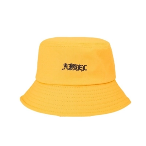 Classic yellow cotton canvas bucket hat featuring black gothic ANGEL embroidery on front