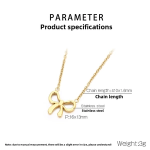 Detailed technical drawing of golden bow necklace with measurements and specifications