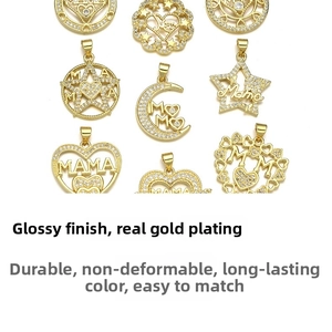 Macro view of gold-plated MAMA pendants with zircon inlay in heart and star shapes