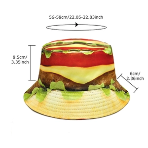 Reversible bucket hat with hamburger print pattern for sun protection and outdoor travel