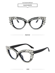 Detail view of large crystal rhinestones on black cat-eye glasses frame, model C6