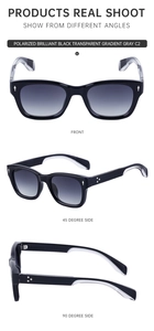 Three angles of polarized square sunglasses with black transparent frames and gray lenses
