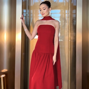 Women Tube Top Evening Maxi Dress Backless Lace Up With Scarf Elegant Party Prom Gown Polyester Spandex