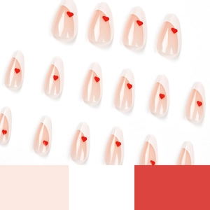 French tip almond press-on nails with small red hearts and translucent pink base