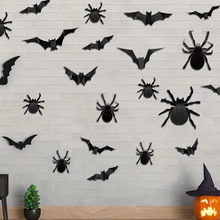 3D Halloween wall stickers featuring black bats and spiders on a grey brick wall