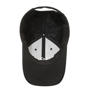 Internal structure of black baseball cap featuring SF embroidery and metal adjustment buckle