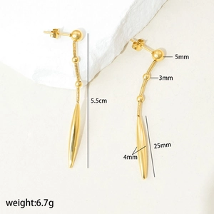 Detailed dimensions of gold stainless steel drop earrings with bead and chain