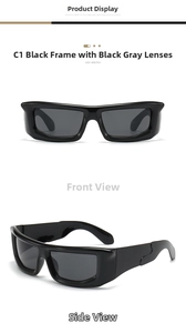 Close-up of square punk sunglasses featuring black frames and dark gray lenses for street style