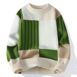 Men's cable knit crewneck sweater with color block green white and beige patterns