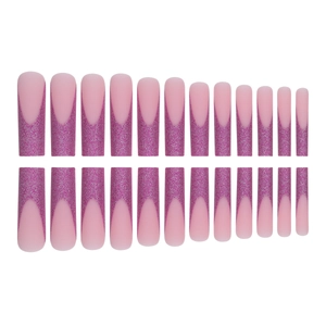 Long french press on nails with matte pink base and glittery purple tips set of 24
