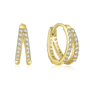 Detail view of gold S925 sterling silver earrings with double-row zircon crystals
