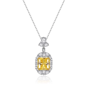 Radiant cut yellow diamond pendant necklace with halo zircons on silver chain