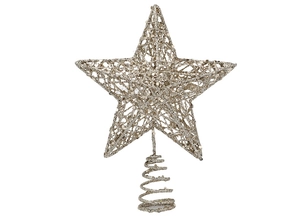 Close-up of champagne gold star tree topper with glitter sequins and spiral base