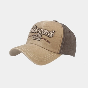 Detail of vintage washed baseball cap featuring New York 1985 3D embroidery patch