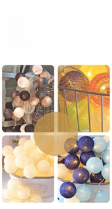 Detail showing colorful woven cotton ball LED string lights in cozy indoor settings