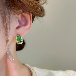 French vintage irregular gold earrings with iridescent green shell inlay for women