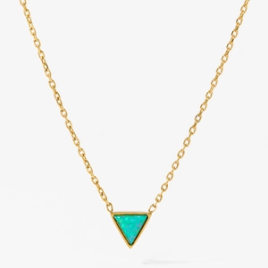 Gold chain necklace with a triangular turquoise stone pendant on a white background