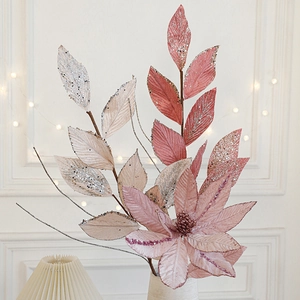 Artificial Christmas Flower Branch Inserts Sparkling Glitter Sequins Fabric Leaves For Tree Decor Home Vase Ornament