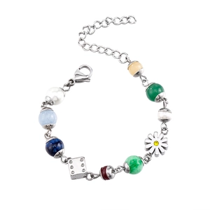 Daisy and dice pendant stainless steel beaded bracelet with colorful pearls