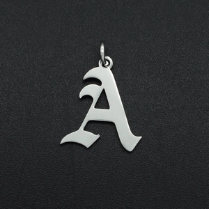 Detailed view of silver Gothic style letter A pendant made of stainless steel