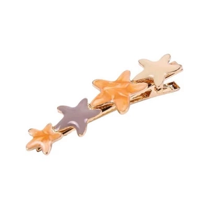 Elegant gold metal hair clips with star charms in beige orange and purple on white background