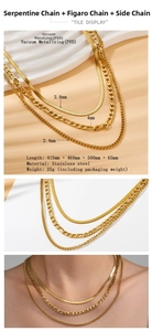 Detailed view of triple-layered PVD gold plated stainless steel snake and curb chains