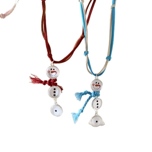 Winter snowman pendant necklaces with red and blue woven cords and tassel details