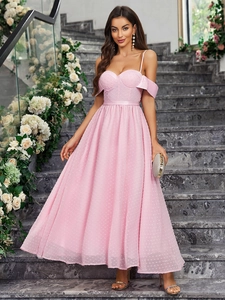 Elegant pink off-shoulder maxi dress with sweet dot mesh texture and spaghetti straps